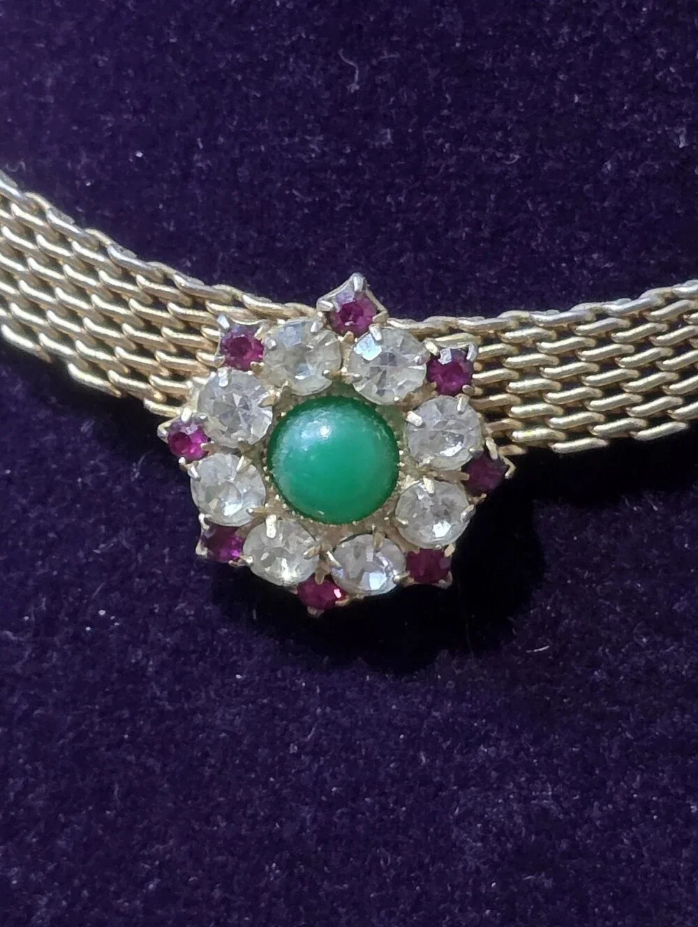 Vintage Attributed Juliana D&E Studio Girl Mesh Choker Green Cabochon 18